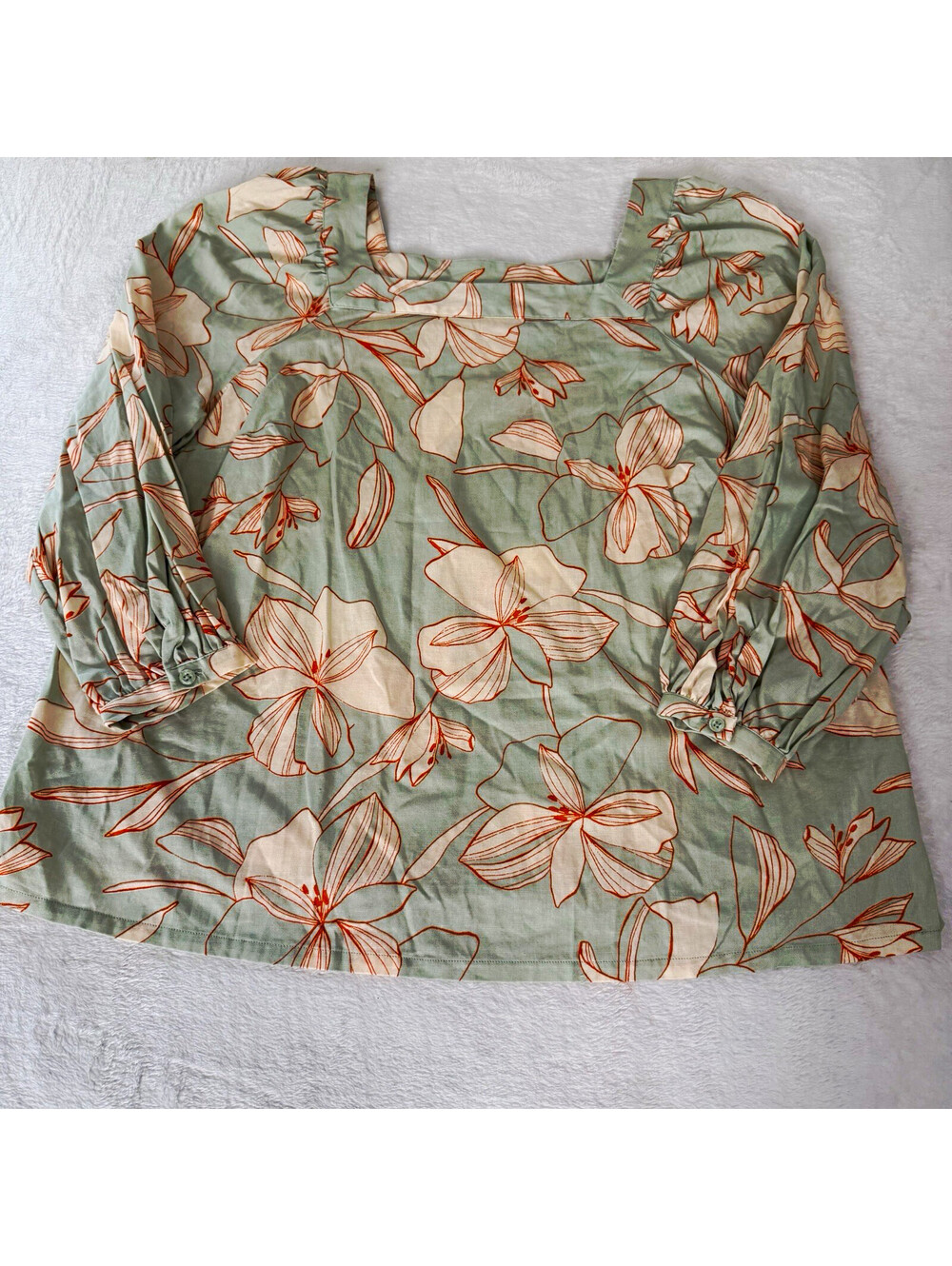 AVA & VIV Women’s 1X Floral Cotton Linen Blouse Sage Green Square Neck Boho